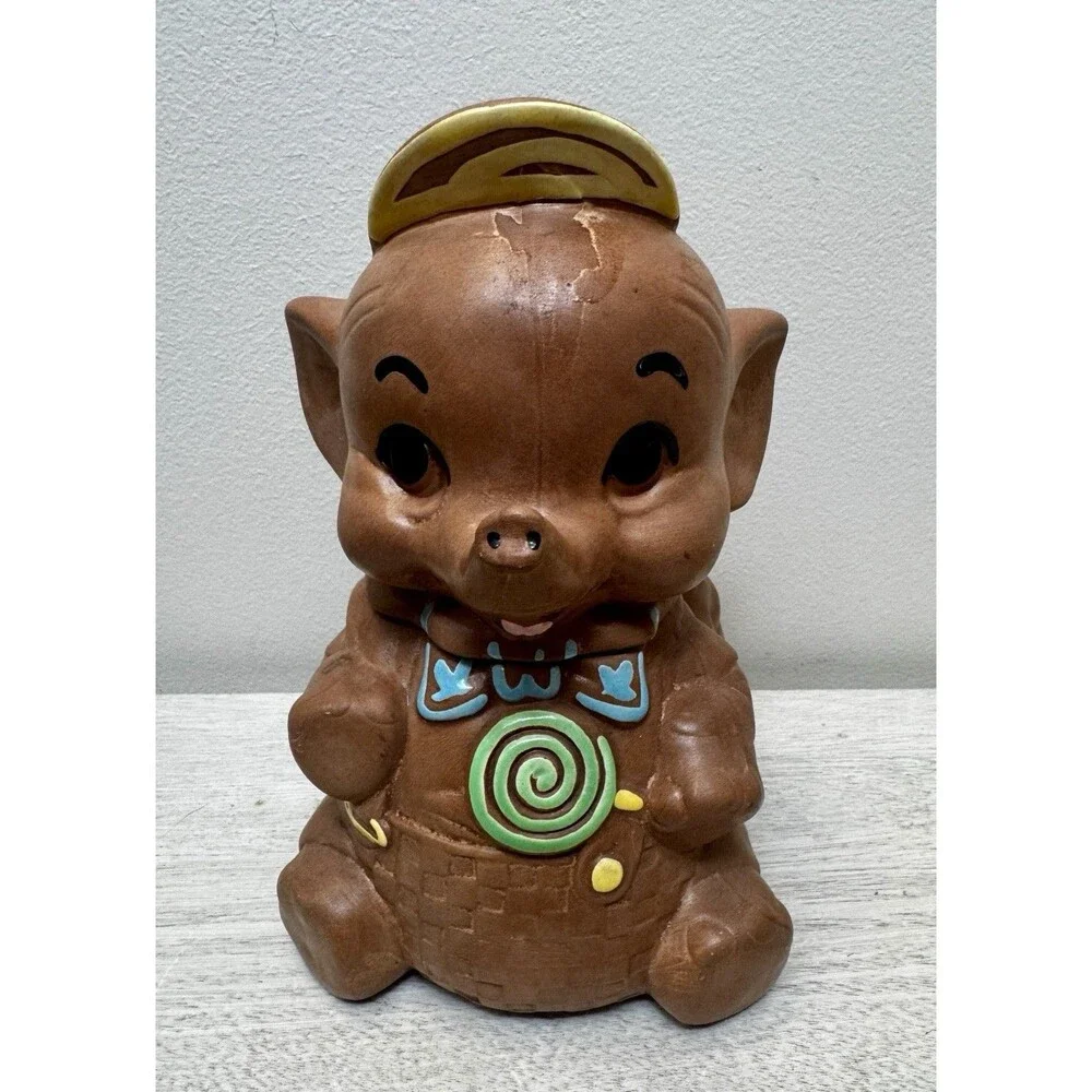 ⁠Vtg Elephant Cookie Jar Anthropomorphic Ceramic Swirl Lollipop Bowtie Basket⁠